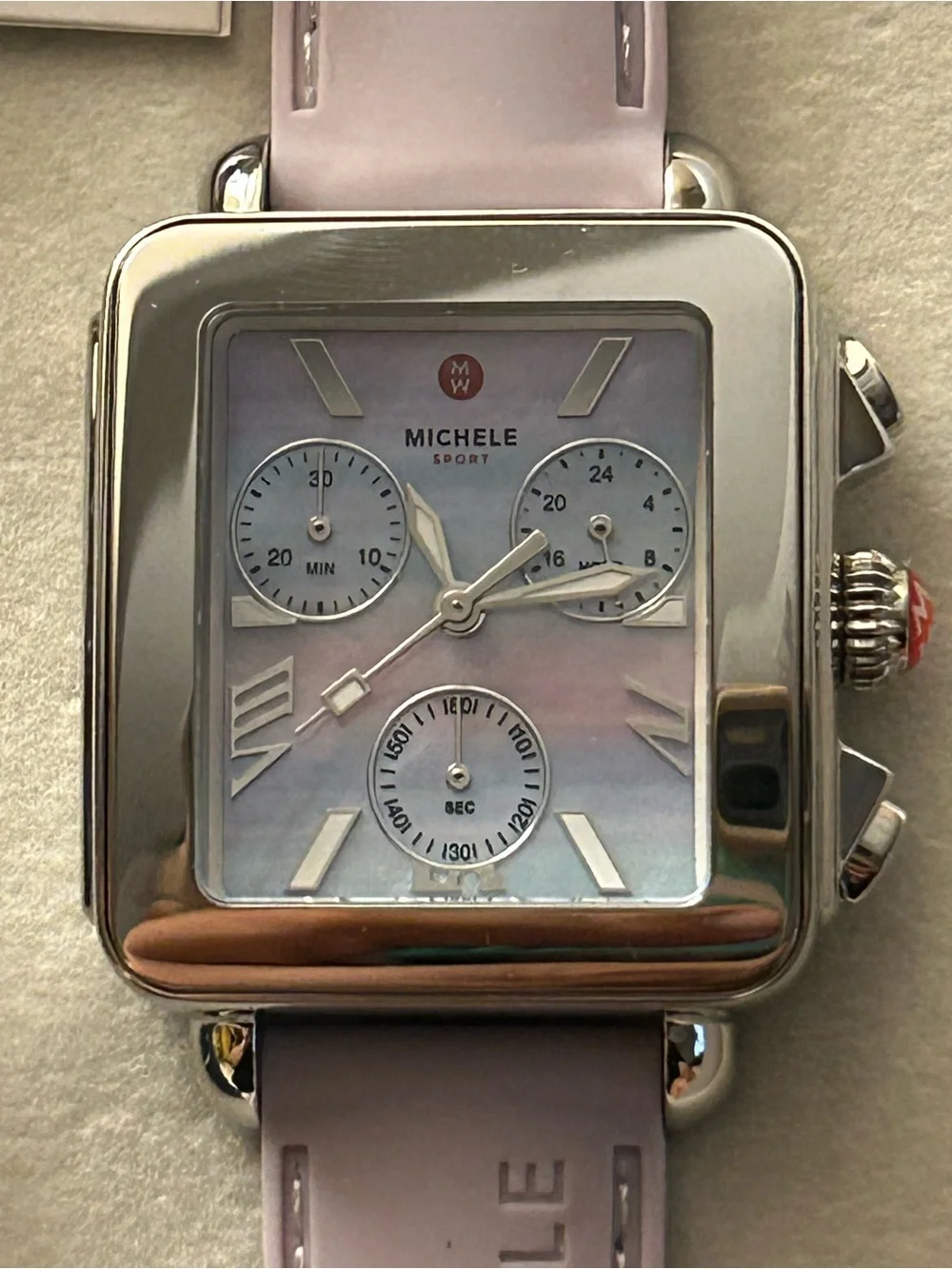 Michele Deco Sport Chronograph 36mm Watch with Lavender, Blue and Cream Straps